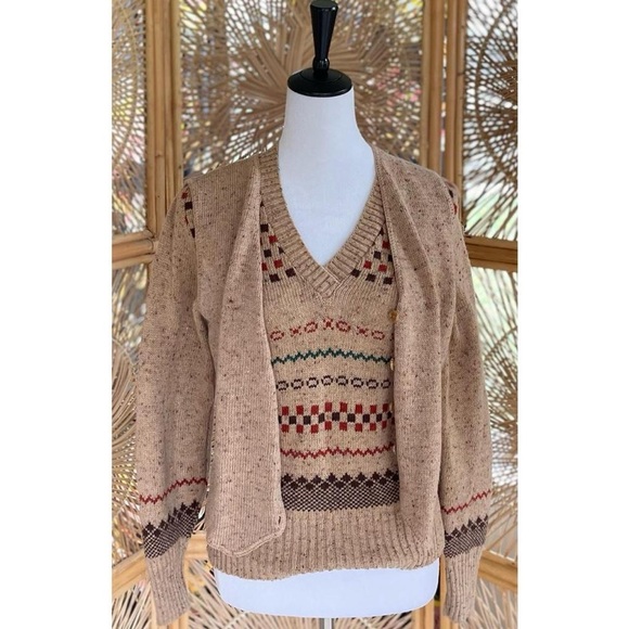 Vintage Sweater & Vest Set Tan Tone Brown Orange Green Checkered Wool Knit 2pc. - Picture 7 of 8